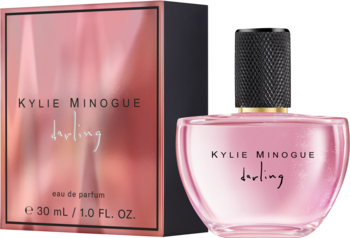 Różowa woda perfumowana Kylie Minogue Darling 30ml, zaokrąglona butelka z czarnym korkiem obok prostokątnego pudełka.