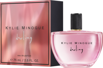Kylie Minogue Darling damska woda perfumowana 75ml, różowa butelka i pudełko, widok z przodu.