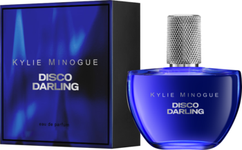 Niebieski flakon perfum Kylie Minogue Disco Darling z srebrnym korkiem, obok pasujące pudełko, widok z przodu.