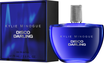 Kylie Minogue Disco Darling eau de parfum. Granatowa butelka i pudełko z błękitnym połyskiem, widok z przodu.