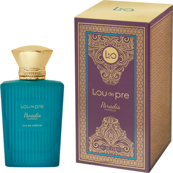Lou De Pre Paradis Vanille EDP: turkusowy, żebrowany flakon obok ozdobnego złoto-fioletowego pudełka.