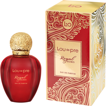 Damska woda perfumowana Lou de Pre Royal Rubis: czerwony, żebrowany flakon ze złotą nakrętką i pasujące złote pudełko.