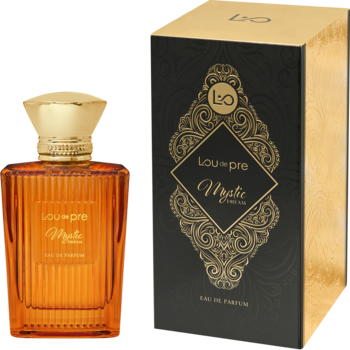 Lou De Pre Mystic Dream perfumy w bursztynowej butelce i czarno-złotym pudełku, stojące obok siebie.