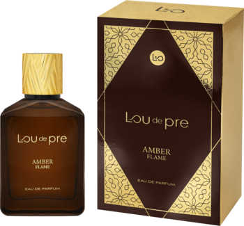Lou De Pre Amber Flame, męska woda perfumowana w bursztynowej butelce i złoto-brązowym opakowaniu z wzorem.