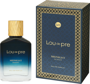 Lou de pre Midnight Desert woda perfumowana, męska. Granatowo-błękitna butelka i pudełko ze złotym wzorem.
