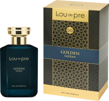 Męska woda perfumowana Lou De Pre Golden Safran w granatowej butelce i złoto-granatowym pudełku, widok z przodu.