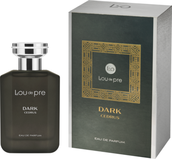 Ciemna butelka wody perfumowanej Lou De Pre Dark Cedrus i kartonik w czarno-złotym wzorze, stojące obok siebie.