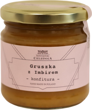 Słoik konfitury Gruszka z Imbirem Manufaktura Cieleśnica, złota pokrywka, różowa etykieta, widok z przodu.