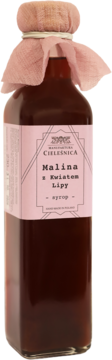 Naturalny syrop malinowy z kwiatem lipy Manufaktura Cieleśnica, szklana butelka, różowa etykieta, widok z przodu.