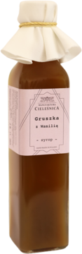 Butelka z syropem gruszkowym z wanilią Manufaktura Cieleśnica, różowa etykieta, białe wieczko, widok z przodu.