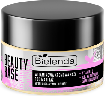 Bielenda Beauty Base witaminowa baza pod makijaż, słoiczek z czarną nakrętką i różowym wzorem, widok z przodu.