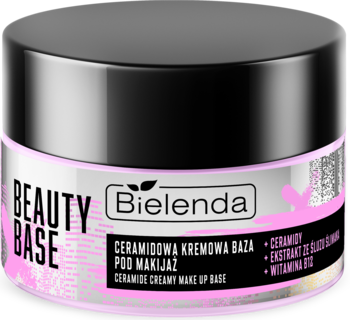 Bielenda Beauty Base Ceramidowa Baza Pod Makijaż w czarnym słoiku z różowo-białą etykietą, widok z przodu.