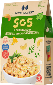 Vegan serowo-ziołowy sos z nerkowców Wege Siostry w beżowo-zielonym opakowaniu z makaronem mac&cheese.