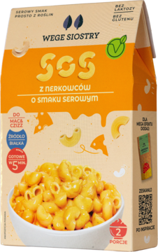 Roślinny sos z nerkowców Wege Siostry o smaku serowym, pomarańczowo-beżowe opakowanie z Mac&Cheese, widok z przodu.