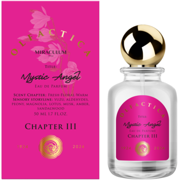 Olfactica Mystic Angel EDP 30ml, różowe pudełko obok butelki z złotą nakrętką. Świeży, kwiatowy zapach damski.