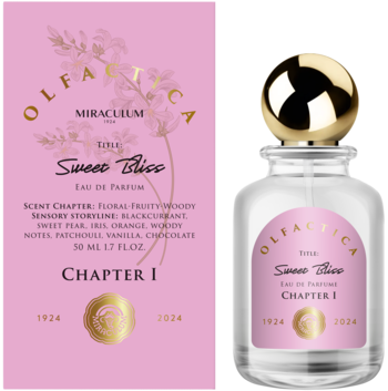 Perfumy Olfactica Sweet Bliss EDP 50ml, różowe pudełko obok butelki z złotym korkiem, widok przodem.