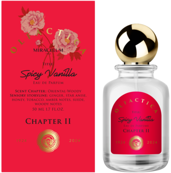 Olfactica Spicy Vanilla Eau de Parfum: butelka ze złotą kulistą nakrętką i czerwone pudełko, widok z przodu.