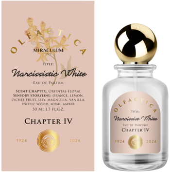 Perfumy Olfactica Narcissistic White 50ml, butelka z złotym korkiem i różowe pudełko, widok przód.
