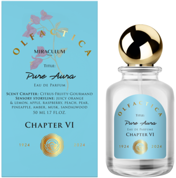 Olfactica Pure Aura 50ml, cytrusowo-owocowa woda perfumowana. Obok: niebieskie pudełko i butelka z złotym korkiem.
