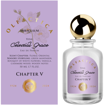 Olfactica Celestial Grace, woda perfumowana 50ml. Fioletowe pudełko i butelka, opis nut kwiatowo-orientalnych.