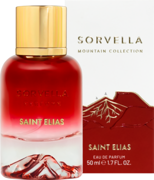 Flakon perfum Sorvella Saint Elias z czerwonym gradientem i złotą nakrętką, przed białym pudełkiem z motywem gór, widok z przodu.