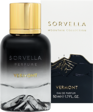 Sorvella Vermont perfumy Mountain Collection, butelka czarna/przejrzysta ze złotym korkiem, obok ciemne pudełko z górą.