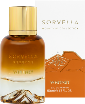 Sorvella Whitney woda perfumowana 50ml; bursztynowa butelka z grawerem gór, złota nakrętka, obok biało-pomarańczowe pudełko.