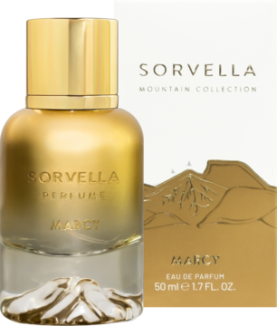 Sorvella Marcy woda perfumowana, złota butelka z górskim motywem na spodzie i złote pudełko z boku.