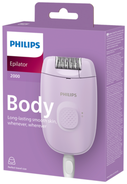 Fioletowy depilator Philips Series 2000 w pudełku, widok z przodu, do depilacji ciała, zapewnia gładką skórę.