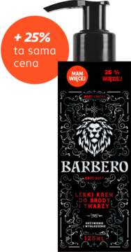 Barbero krem do brody i twarzy 125ml w czarnej butelce z pompką, z etykietą lwa i ofertą +25%.