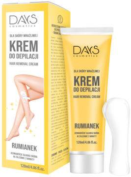 Days Cosmetics krem do depilacji z rumiankiem w żółtej tubce i pudełku, z białą szpatułką, na białym tle.