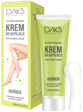 Days Cosmetics krem do depilacji z ogórkiem w zielonej tubce ze szpatułką, widok z przodu na tle kartonika.