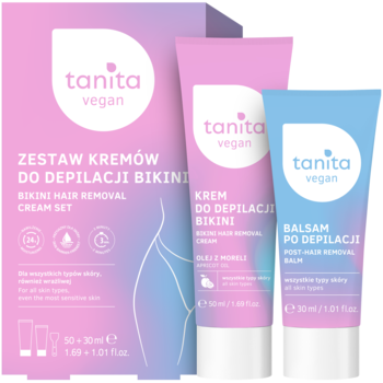 Tanita vegan zestaw do depilacji bikini: różowo-fioletowe pudełko, krem (różowa tuba) i balsam (niebieska tuba) w pierwszym planie.
