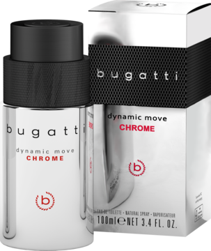 Męska woda toaletowa Bugatti Dynamic Move Chrome 100ml, chromowana butelka z czarną nakrętką i pudełko, widok z przodu.