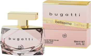 Damska woda perfumowana Bugatti Bellissima, kwiatowo-owocowa. Szklana butelka z różowym płynem, złoty korek, obok pudełko.