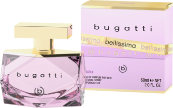 Różowa, fasetowana butelka wody perfumowanej Bugatti Bellissima Viola ze złotym korkiem, obok pudełko.