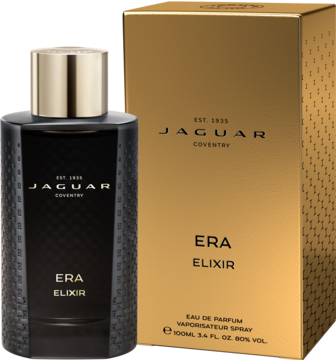Męska woda perfumowana Jaguar Era Elixir: elegancka czarna butelka z złotą nakrętką obok złotego pudełka. Widok z przodu.