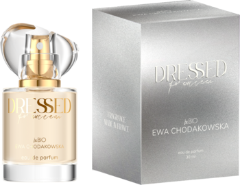 Damska woda perfumowana Dressed for success beBIO, złota butelka i srebrne pudełko obok siebie.