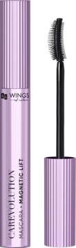 Podkręcający tusz AA Wings Of Color Carevolution Magnetic Lift, lawendowy, z wyjętą silikonową szczoteczką.