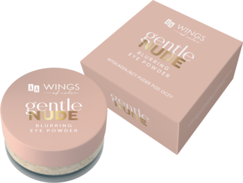 AA Wings of Color Gentle Nude Blurring Eye Powder. Różowy słoiczek z pudrem i pudełko, widok pod kątem.