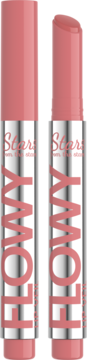 Dwa koloryzujące balsamy Stars Flowy Lip Veil Sheer Coral, jeden otwarty z koralowym sztyftem.
