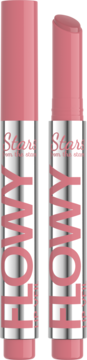 Dwa koloryzujące balsamy Flowy Lip Veil Stars Fresh Nude, jeden otwarty, ukazujący różowy sztyft z ukośną końcówką.