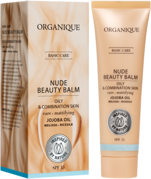 Organique Nude Beauty Balm w beżowej tubce i pudełku, matujący do cery tłustej i mieszanej, SPF 15.