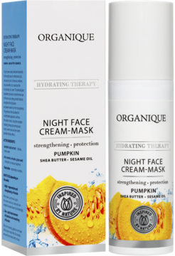 Organique Night Face Cream-Mask z dynią, shea i sezamem, w białym pudełku i butelce z pomarańczową grafiką dyni.