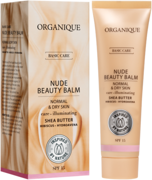 Organique Nude Beauty Balm SPF 15 w beżowej tubce i pudełku. Krem upiększający do cery suchej.