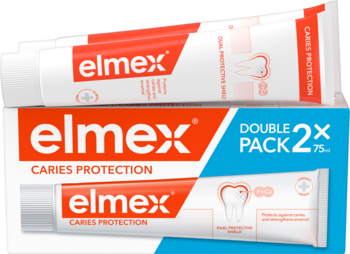Dwupak pasty do zębów Elmex Caries Protection, białe tubki z czerwonym logo na opakowaniu zbiorczym.