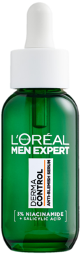 L'Oréal Men Expert Derma Control serum przeciw niedoskonałościom z 3% niacynamidem, zielona butelka, widok z przodu.