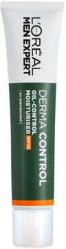 L'Oréal Men Expert Derma Control Oil-Control Moisturiser SPF 30 z niacynamidem, biało-zielona tubka z przodu.