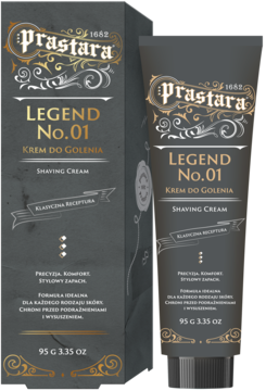 Ciemny krem do golenia Prastara Legend No.01 w tubce i pudełku, z przodu, złote napisy, do każdego rodzaju skóry.
