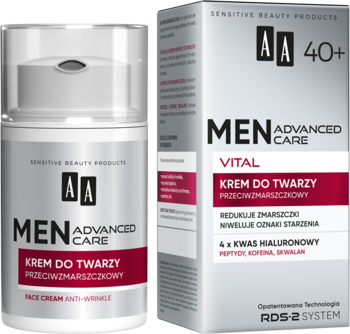AA Men Advanced Care 40+ krem przeciwzmarszczkowy w białym słoiku z pompką i kartonowym pudełku.